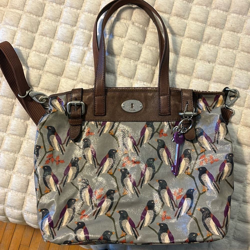 Fossil Key-Per Coated Canvas Leather Trim Crossbody Bag